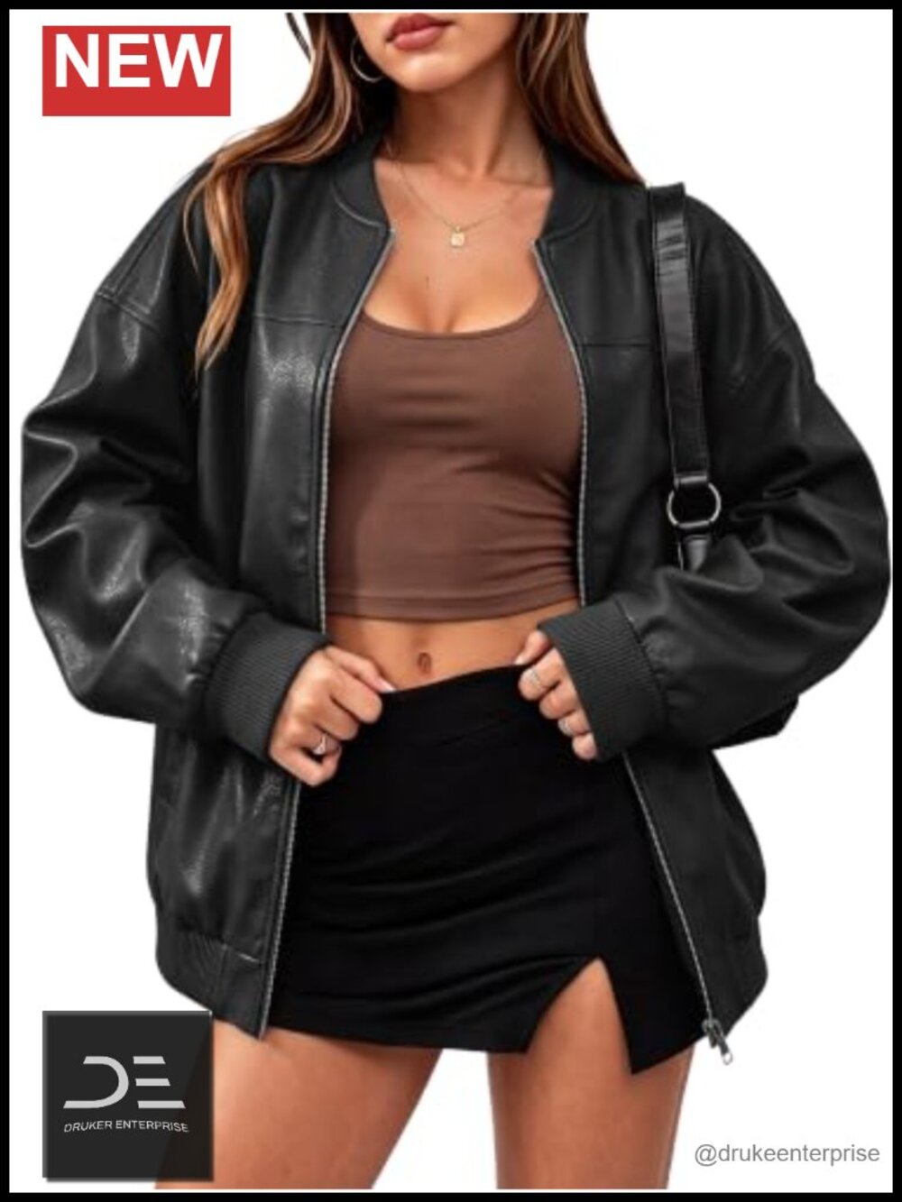 Oversized Faux Leather Bomber Jacket Viscose Blend